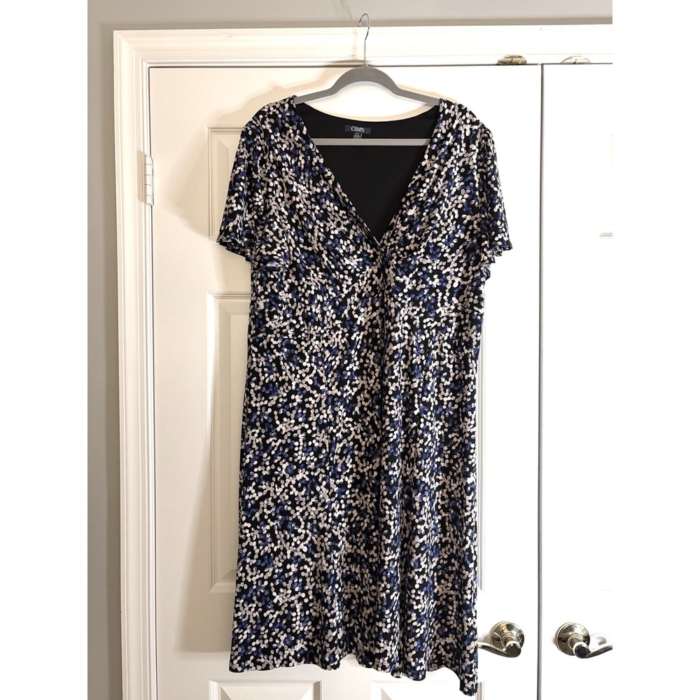 Chaps Faux Wrap Dress Womens 20W Blue Abstract Dot Office Siren